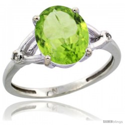 14k White Gold Diamond Peridot Ring 2.4 ct Oval Stone 10x8 mm, 3/8 in wide