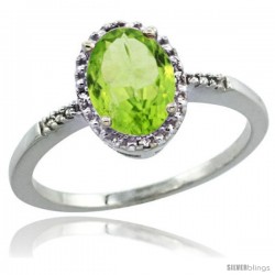 14k White Gold Diamond Peridot Ring 1.17 ct Oval Stone 8x6 mm, 3/8 in wide