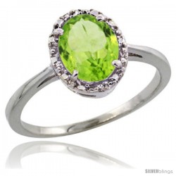 14k White Gold Diamond Halo Peridot Ring 1.2 ct Oval Stone 8x6 mm, 1/2 in wide