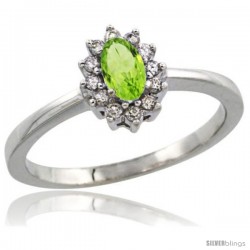 14k White Gold Diamond Halo Peridot Ring 0.25 ct Oval Stone 5x3 mm, 5/16 in wide