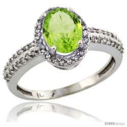 14k White Gold Diamond Halo Peridot Ring 1.2 ct Oval Stone 8x6 mm, 3/8 in wide