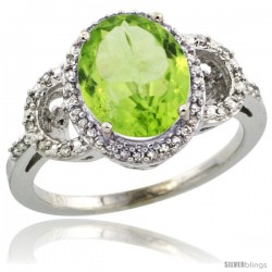 14k White Gold Diamond Halo Peridot Ring 2.4 ct Oval Stone 10x8 mm, 1/2 in wide