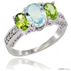 14k White Gold Ladies Oval Natural Aquamarine 3-Stone Ring with Peridot Sides Diamond Accent