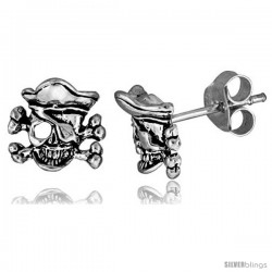 Tiny Sterling Silver Skull Stud Earrings 1/2 in