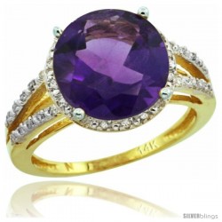 14k Yellow Gold Diamond Amethyst Ring 5.25 ct Round Shape 11 mm, 1/2 in wide