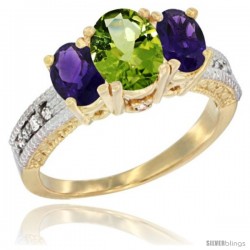 14k Yellow Gold Ladies Oval Natural Peridot 3-Stone Ring with Amethyst Sides Diamond Accent