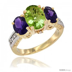 14K Yellow Gold Ladies 3-Stone Oval Natural Peridot Ring with Amethyst Sides Diamond Accent