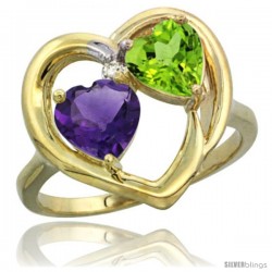 14k Yellow Gold 2-Stone Heart Ring 6mm Natural Amethyst & Peridot Diamond Accent