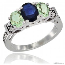 14K White Gold Natural Blue Sapphire & Green Amethyst Ring 3-Stone Oval with Diamond Accent