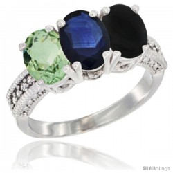 14K White Gold Natural Green Amethyst, Blue Sapphire & Black Onyx Ring 3-Stone 7x5 mm Oval Diamond Accent