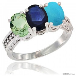 14K White Gold Natural Green Amethyst, Blue Sapphire & Turquoise Ring 3-Stone 7x5 mm Oval Diamond Accent