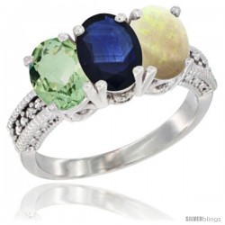 14K White Gold Natural Green Amethyst, Blue Sapphire & Opal Ring 3-Stone 7x5 mm Oval Diamond Accent