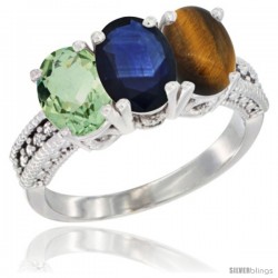 14K White Gold Natural Green Amethyst, Blue Sapphire & Tiger Eye Ring 3-Stone 7x5 mm Oval Diamond Accent