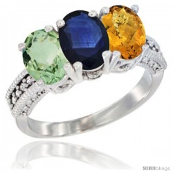 14K White Gold Natural Green Amethyst, Blue Sapphire & Whisky Quartz Ring 3-Stone 7x5 mm Oval Diamond Accent