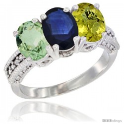 14K White Gold Natural Green Amethyst, Blue Sapphire & Lemon Quartz Ring 3-Stone 7x5 mm Oval Diamond Accent