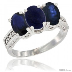 10K White Gold Natural Lapis & Blue Sapphire Ring 3-Stone Oval 7x5 mm Diamond Accent