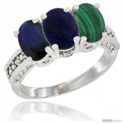 10K White Gold Natural Blue Sapphire, Lapis & Malachite Ring 3-Stone Oval 7x5 mm Diamond Accent