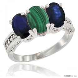 10K White Gold Natural Malachite & Blue Sapphire Ring 3-Stone Oval 7x5 mm Diamond Accent