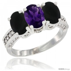 10K White Gold Natural Amethyst & Black Onyx Ring 3-Stone Oval 7x5 mm Diamond Accent