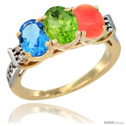 10K Yellow Gold Natural Swiss Blue Topaz, Peridot & Coral Ring 3-Stone Oval 7x5 mm Diamond Accent