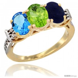 10K Yellow Gold Natural Swiss Blue Topaz, Peridot & Lapis Ring 3-Stone Oval 7x5 mm Diamond Accent