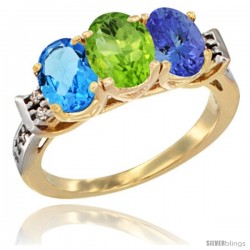 10K Yellow Gold Natural Swiss Blue Topaz, Peridot & Tanzanite Ring 3-Stone Oval 7x5 mm Diamond Accent