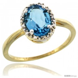 10k Yellow Gold Diamond Halo Swiss Blue Topaz Ring 1.2 ct Oval Stone 8x6 mm, 1/2 in wide