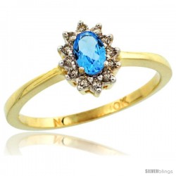 10k Yellow Gold Diamond Halo Swiss Blue Topaz Ring 0.25 ct Oval Stone 5x3 mm, 5/16 in wide