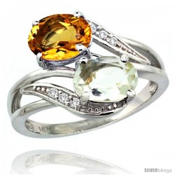 14k White Gold ( 8x6 mm ) Double Stone Engagement Green Amethyst & Citrine Ring w/ 0.07 Carat Brilliant Cut Diamonds & 2.34