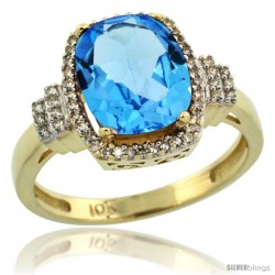 10k Yellow Gold Diamond Halo Swiss Blue Topaz Ring 2.4 ct Cushion Cut 9x7 mm, 1/2 in wide