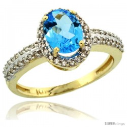 10k Yellow Gold Diamond Halo Swiss Blue Topaz Ring 1.2 ct Oval Stone 8x6 mm, 3/8 in wide