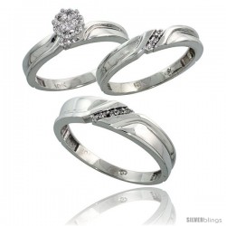 10k White Gold Diamond Trio Engagement Wedding Ring 3-piece Set for Him & Her 5 mm & 3.5 mm wide 0.11 cttw Brilliant Cut