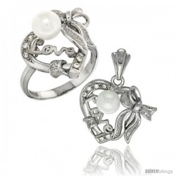 Sterling Silver Heart LOVE Bow w/ Faux Pearl Ring & Pendant Set CZ Stones Rhodium Finished