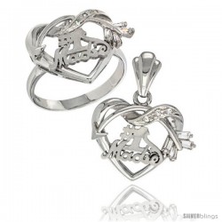 Sterling Silver No. 1 Madre w/ Cupid's Bow Heart Ring & Pendant Set CZ Stones Rhodium Finished