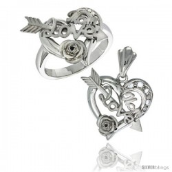 Sterling Silver LOVE MOM w/ Cupid's Bow & Rose Heart Ring & Pendant Set CZ Stones Rhodium Finished