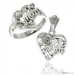 Sterling Silver No. 1 MOM Heart Love Ring & Pendant Set CZ Stones Rhodium Finished