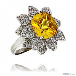 Sterling Silver & Rhodium Plated Ladies' Flower Ring, w/ a Large (12 mm) Center Yellow Topaz-colored Cubic Zirconia Stone