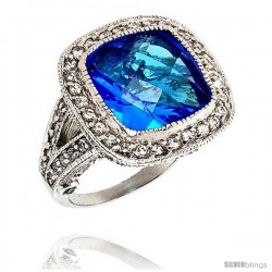 Sterling Silver & Rhodium Plated Ladies' Ring, w/ a Large (16 mm) Center Blue Topaz-colored Cubic Zirconia Stone, 13/16"