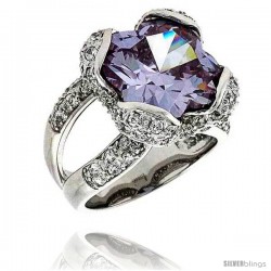 Sterling Silver & Rhodium Plated Ladies' Ring, w/ a Large (13 mm) Center Light Amethyst-colored Cubic Zirconia Stone, 11/16"
