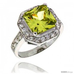 Sterling Silver & Rhodium Plated Ladies' Ring, w/ a Large (10 mm) Center Princess Cut Peridot-colored Cubic Zirconia Stone