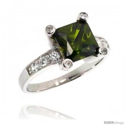 Sterling Silver & Rhodium Plated Ladies' Ring, w/ a Large (8 mm) Center Fern Green-colored Princess Cut Cubic Zirconia Stone