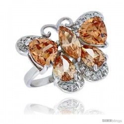 Sterling Silver & Rhodium Plated Ladies' Butterfly Ring, w/ Citrine-colored Cubic Zirconia Stones, 3/4" (20 mm) wide