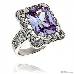 Sterling Silver & Rhodium Plated Ladies' Ring, w/ a Large (15 x 11 mm) Center Light Amethyst-colored Cubic Zirconia Stone