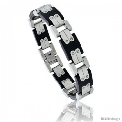 Stainless Steel Contemporary Men's Black Rubber Bracelet, 8 in long