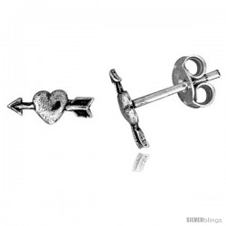 Tiny Sterling Silver Heart w/ Arrow Stud Earrings 3/8 in