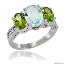 14K White Gold Ladies 3-Stone Oval Natural Aquamarine Ring with Peridot Sides Diamond Accent