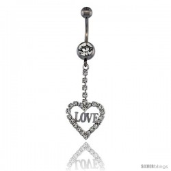 Surgical Steel Heart (LOVE) Belly Button Ring w/ Crystals, 1 5/8 in (41 mm) tall (Navel Piercing Body Jewelry)