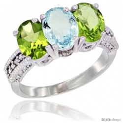 14K White Gold Natural Aquamarine & Peridot Sides Ring 3-Stone 7x5 mm Oval Diamond Accent