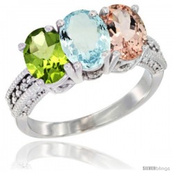 14K White Gold Natural Peridot, Aquamarine & Morganite Ring 3-Stone 7x5 mm Oval Diamond Accent