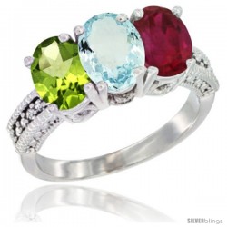 14K White Gold Natural Peridot, Aquamarine & Ruby Ring 3-Stone 7x5 mm Oval Diamond Accent